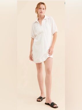 Anthropologie V-Neck Tiered Sleeve Tunic sheer Dress White Dobby Cotton Size S